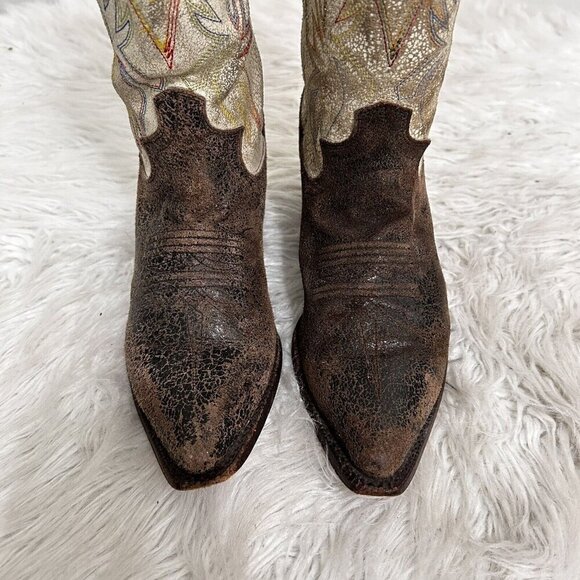 Justin Boots Women’s Western Cowboy Boots Sz 5.5B Distressed Leather Cream Brown - Picture 3 of 11